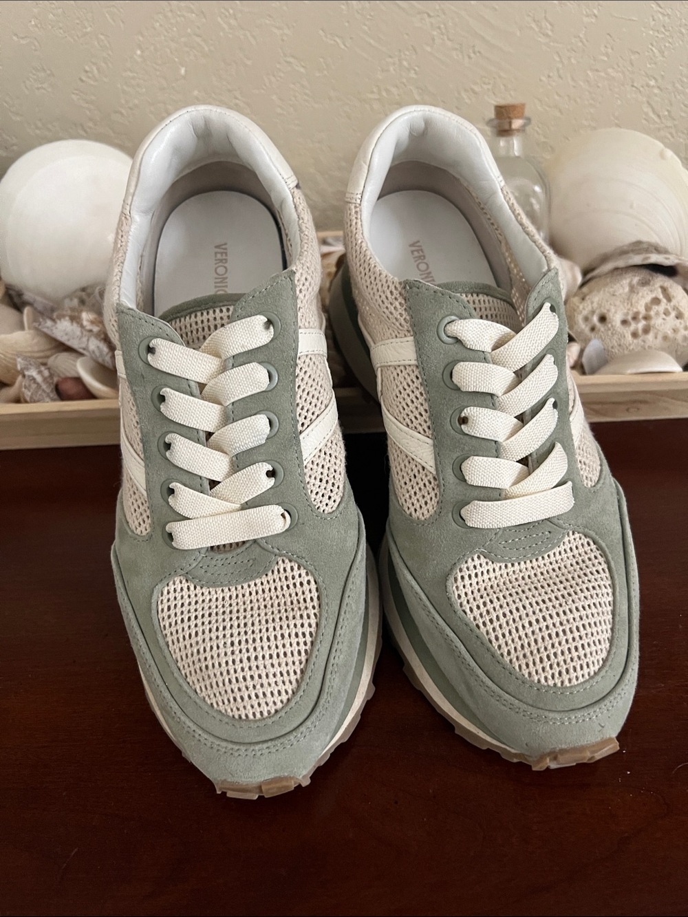 Veronica Beard Mesh & Suede Sneakers in Mint Green and Cream